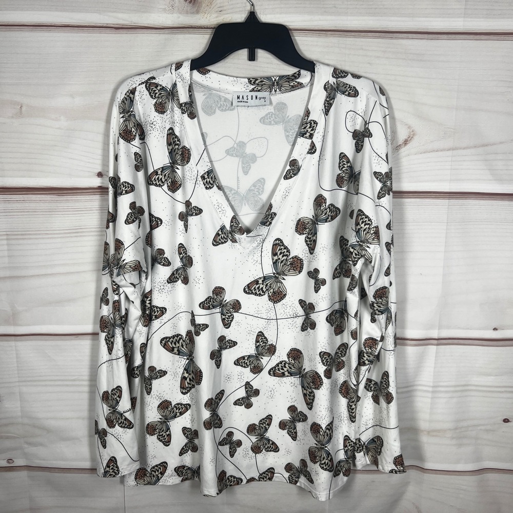 MasonGrey V-Neck Pajama Top Womens M White Butterfly Print Cloud Jersey Lounge‎